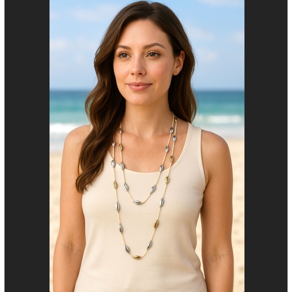 J Jill Layered Necklace Silver Gold Beaded Coastal Treasures Station Adjustable - Picture 1 of 15